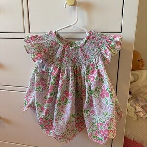 Ruffles and Frogs Pink & Green Floral Smocked Shirt 2T